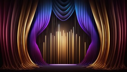 Wall Mural - Blue purple Golden Curtain Stage Award Background. Trophy on Red Carpet Luxury Background. Generative ai