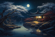Sakura In Japan At Night, Japanese Landscape With Temple By Lake, Illustration, Generative AI.
