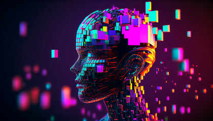 Artificial Intelligence and Virtual Reality concept. 3D human head made of pixels in neon holographic vivid colors on dark background. Vaporwave and Synthwave style illustration. Generative AI