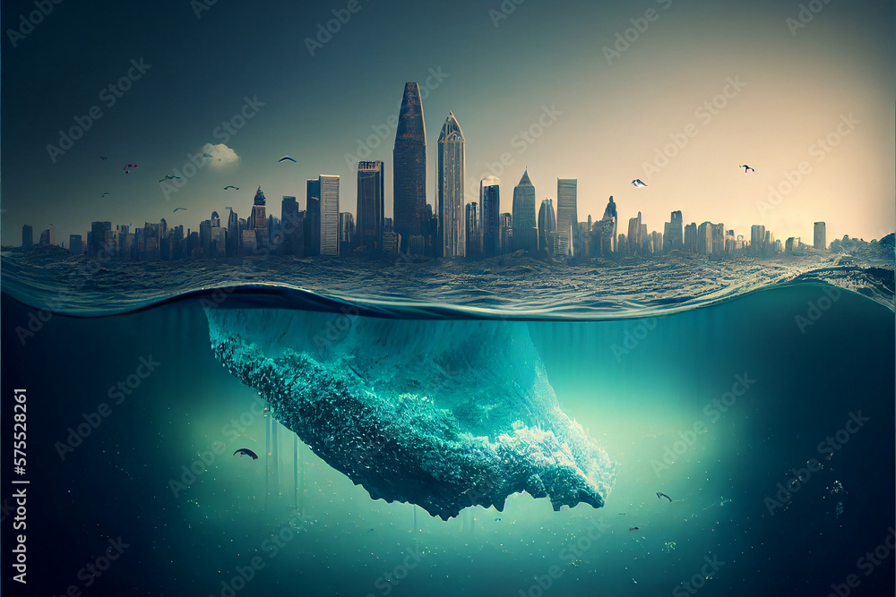 This AI-generated photo depicts a city submerged halfway in the sea ...