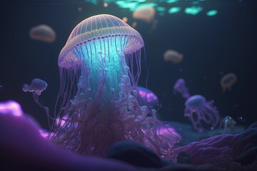 A massive jellyfish, glowing neon, gracefully glides through the depths of the sea. AI generation.