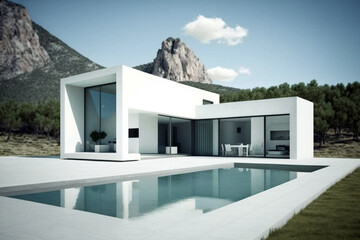 Wall Mural - Wonderful residential villa with minimalist modern architecture, swimming pool and mountain view. Generative AI illustration