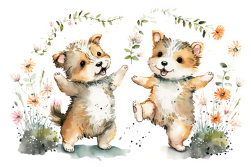 Two smiling terrier puppies dancing with spring flowers in a garden. Digital watercolor cartoon over generative ai.