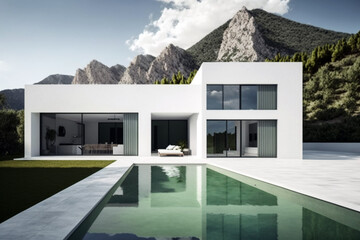 Wall Mural - Wonderful residential villa with minimalist modern architecture, swimming pool and mountain view in the background. Generative AI illustration