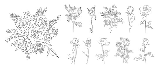 Wall Mural - Set of Rose flowers line art vector illustrations. Hand drawn monochrome black ink style sketch. Trendy greenery drawing for jewelry, tattoo, logo, wall art, card, t shirt, packaging design.