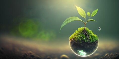 green nature background concept for earth day celebration with plant seed in the forest growing on the planet and water around it