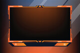 Fototapeta Panele - Online gaming screen border vector with orange and dark colors. Stylish streaming overlay decoration with subscribe buttons. Futuristic broadcast gaming panel design for live gamers.