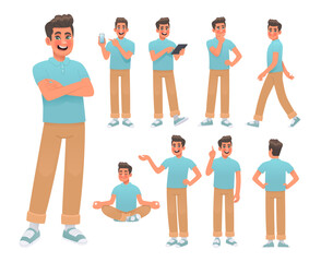 Set of young man character in various poses and actions. Happy guy thinks, meditates and uses gadgets