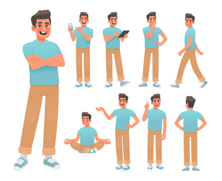 set of young man character in various poses and actions. happy guy thinks, meditates and uses gadget