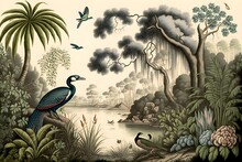 Vintage Wallpaper Of Forest Landscape With Lake, Plants, Trees, Birds, Peacocks, Butterflies And Insects