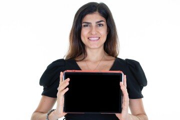 Wall Mural - businesswoman woman holding mock-up tablet computer with blank empty black screen