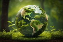 Green World Globe With Natural Green Background (Generative AI)