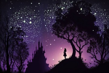 silhouette of a girl out in the woods looking off at a distant fairytale castle against a gorgeous starry night sky computer desktop background