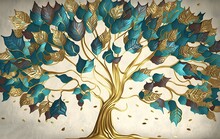 3d Mural Wallpaper. Colorful Tree With Turquoise, Blue And Brown Leaves In The Drawing Background. Drawing Golden Objects