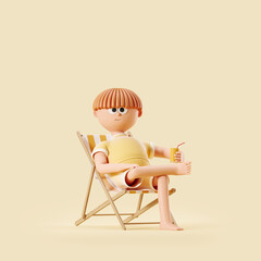 Cartoon man sitting in sunbed, copy space