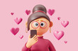 3d rendering. Cartoon woman with smartphone and hearts on background