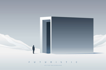 Wall Mural - Futuristic technology background with a lonely figure. Sci-Fi poster. Minimal mountain landscape.  Abstract art wallpaper for web, prints, art decoration and applications. Vector illustration