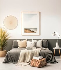 poster frame mock-up in modern living room, furnished home interior background