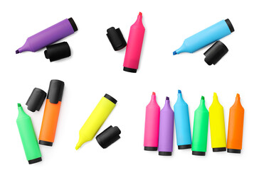 Poster - Many colorful markers on white background, top view