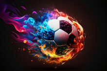 Soccer Ball In Colorful Flame. Conceptual Illustration Of  Champion Goal, Powerful Game, Exploding Sport. Sport Ball In Rainbow Fire.
