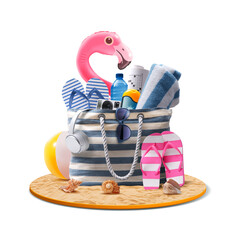 Wall Mural - Beach bag with accessories and cute inflatable flamingo