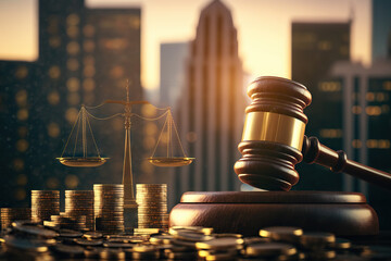 Sticker - Money and justice: gavel, law scales and coins on cityscape. Based on Generative AI