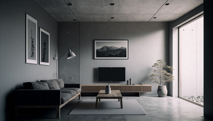 Wall Mural - Loft gray living room interior mockup with couch and TV zone, Generative AI