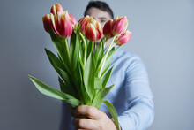 Close-up Of Bouquet Of Red Tulips In Man Hands A  Blue Background. Concept Of The Celebration. Women's Day On March 8. Valentine's Day