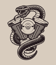 Vector Vintage Biker Illustration Snake With Engine And Wings On A Light Background 