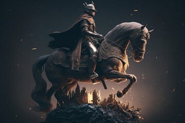 Dark medievil knight riding on a dark horse with castle in the background. AI Generated