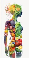 Wall Mural - Woman is made of vegetables and fruit. Vegan lifestyle concept, Healthy food fitness generative ai