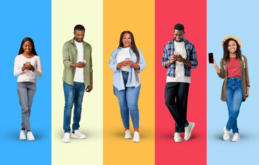  Smiling young black people in casual typing on smartphones, show phone with empty screen
