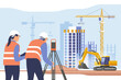 Construction site. Building work process with houses and construction machines. Surveyor engineers with equipment, theodolite or total positioning station. Vector illustration.