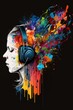 © Luisa - Beautiful woman listening to music, colorful head wearing  headphones. Dark background. Generative AI Technology