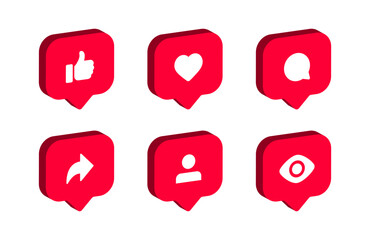 Wall Mural - social media notification icons in speech bubble 3d thumbs up like icon, love, comment, share, follower icon signs - like chat bubbles social network post reactions collection set. vector illustration