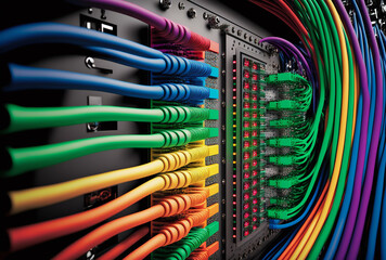 Abstract olorful network panel, switch and cable in data center, Generative AI