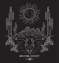 Desert Cactus At Sunset Arizona - Vector Illustration.Black And White