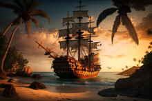 Pirate Ship At The Open Sea Close To Rocks And Small Island With Palms. Neural Network AI Generated Art