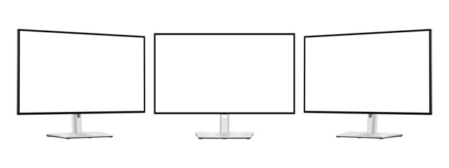 Wall Mural - Modern Silver Computer Monitors With Blank Screens, Front and Side View, Isolated on White Background. Vector Illustration