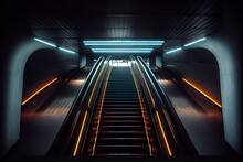 Generative AI Illustration Of Underground Escalator With Neon Illumination, Dynamic Lights, Upward Movement, Stairs