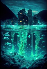 generative ai illustration of bio luminescent city under water