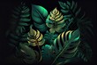 Generative AI illustration of Dark green tropical leaves colorful neon light, backlight, leaves composition, plant background, manstera, palm leaves