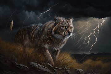 Wall Mural - harmonious heartbeats and raw power: an epic tale of a wild cat roaming the plains generative ai