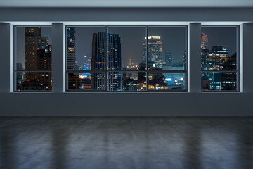 Wall Mural - Empty room Interior Skyscrapers View Bangkok. Downtown City Skyline Buildings from High Rise Window. Beautiful Expensive Real Estate overlooking. Night time. 3d rendering.