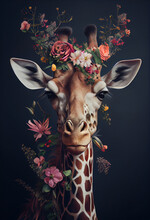 Giraffe Portrait With Flowers And Leaves. Creative Animal Portrait. Generative Ai
