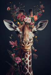 Wall Mural - Giraffe portrait with flowers and leaves. Creative animal portrait. Generative Ai