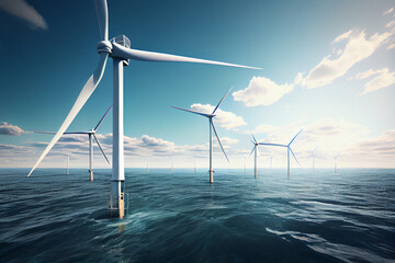 wind turbines in ocean. green energy farm at sea. generative ai