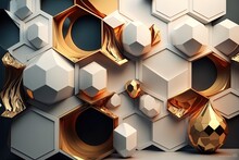 3D Abstract Hexagon Background In Golden And White Colors. Interior Wall Art Decor, This Seamless Texture Wallpaper Includes Polygons, Triangles, Geometric Shapes, Honeycombs, And 3d Abstractions. Ai