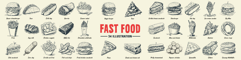 fast food set hand drawn vector illustration. hamburger, cheeseburger, sandwich, pizza, chicken, tac