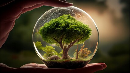 Wall Mural - Holding a tree in a ball, Ecology and Environment concept with Generative AI